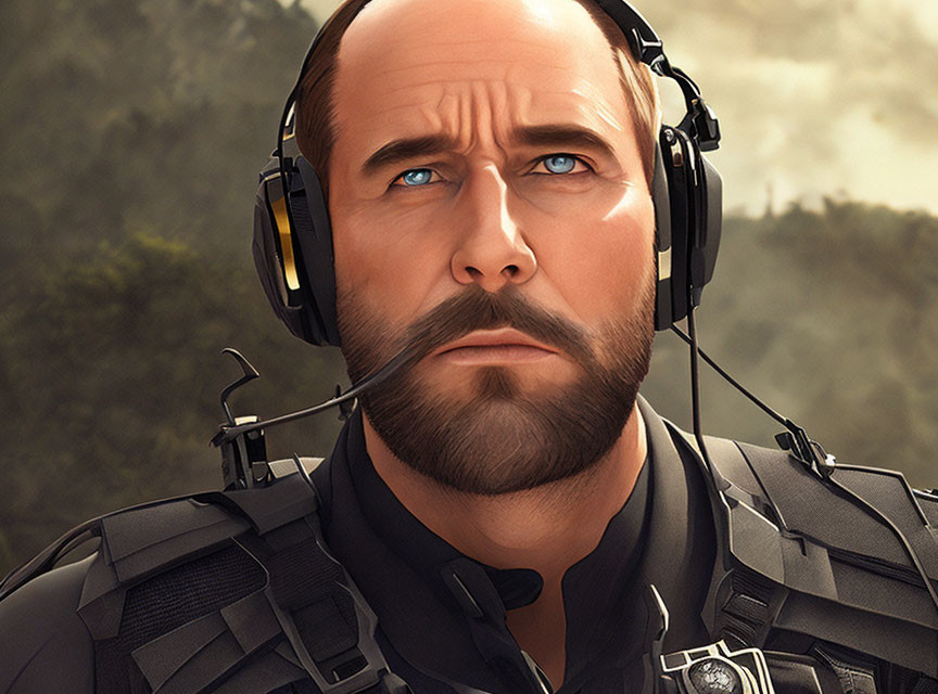 Male character in tactical gear with headset against blurred background