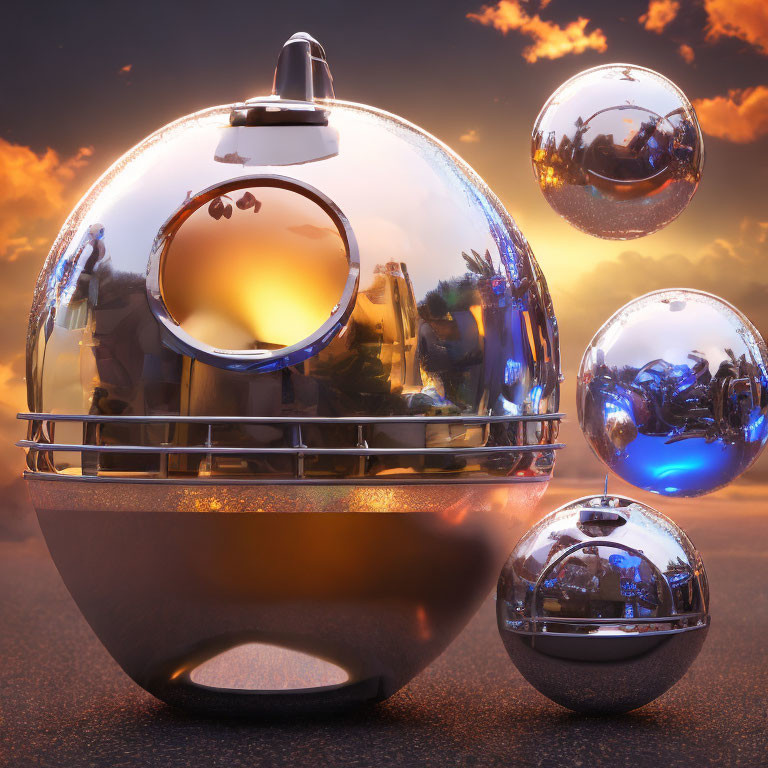 Reflective Chrome Spheres on Sunset-lit Background