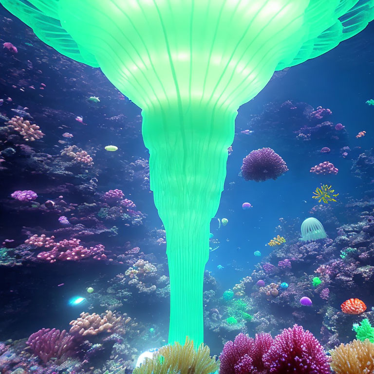 Colorful Underwater Scene with Glowing Green Jellyfish and Coral Reefs