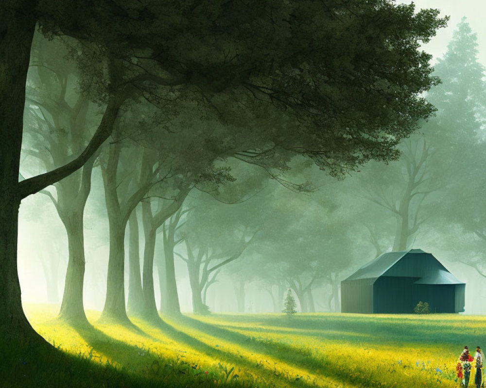 Sunlit forest scene with shadows, hut, and family walking among wildflowers