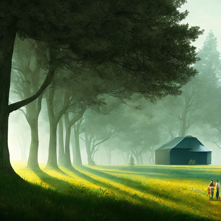 Sunlit forest scene with shadows, hut, and family walking among wildflowers