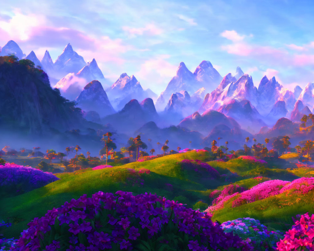 Colorful Flowers and Misty Mountains in Purple Sky