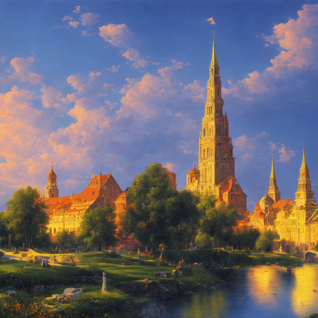 Idyllic European cityscape painting with cathedral, historic buildings, river at sunset