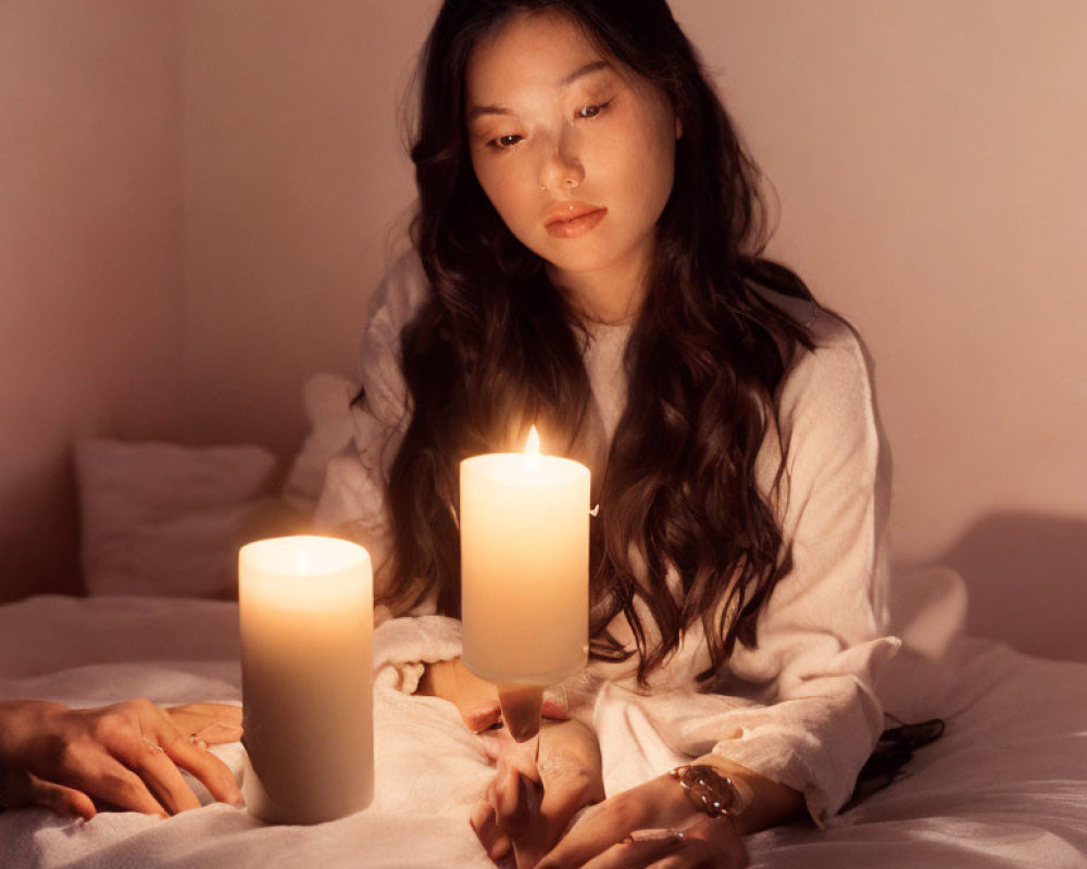 Woman admires lit candles on bed in warm-toned room