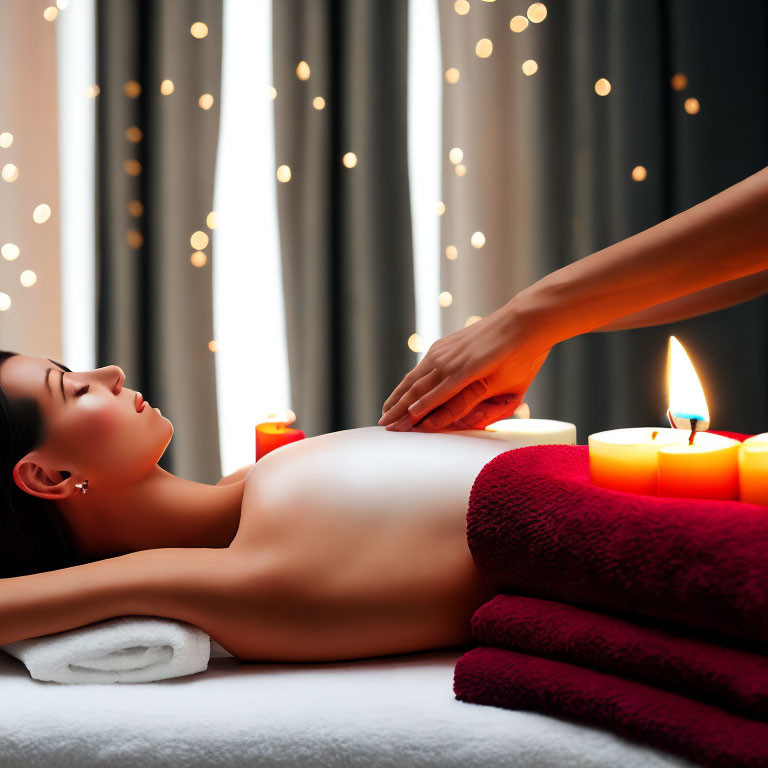 Person receiving back massage in serene candlelit setting