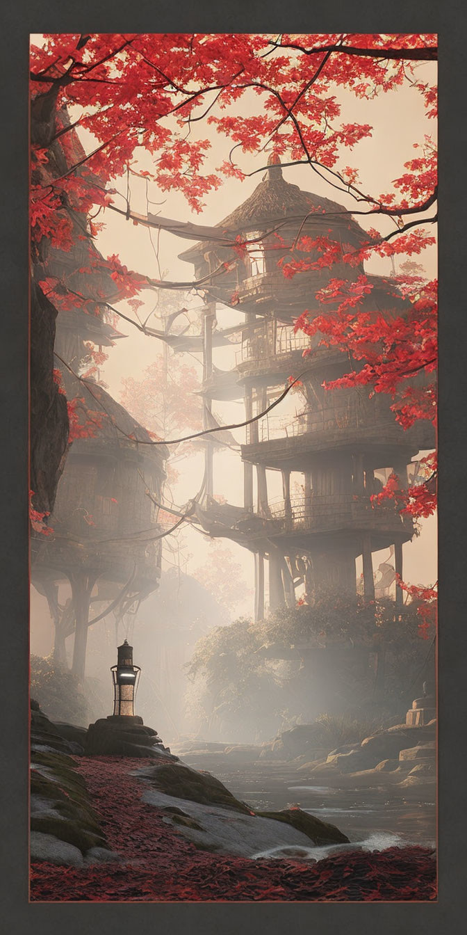 Japanese-style Pagoda Surrounded by Red Maple Trees in Autumn