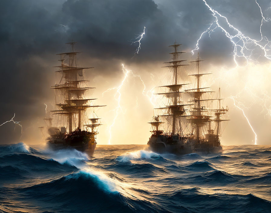 Tall Ships in Dramatic Lightning Storm