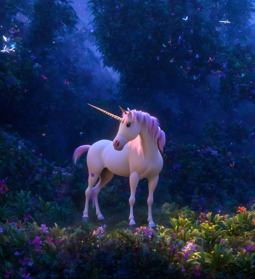 Majestic unicorn in mystical forest with flowers and butterflies at twilight