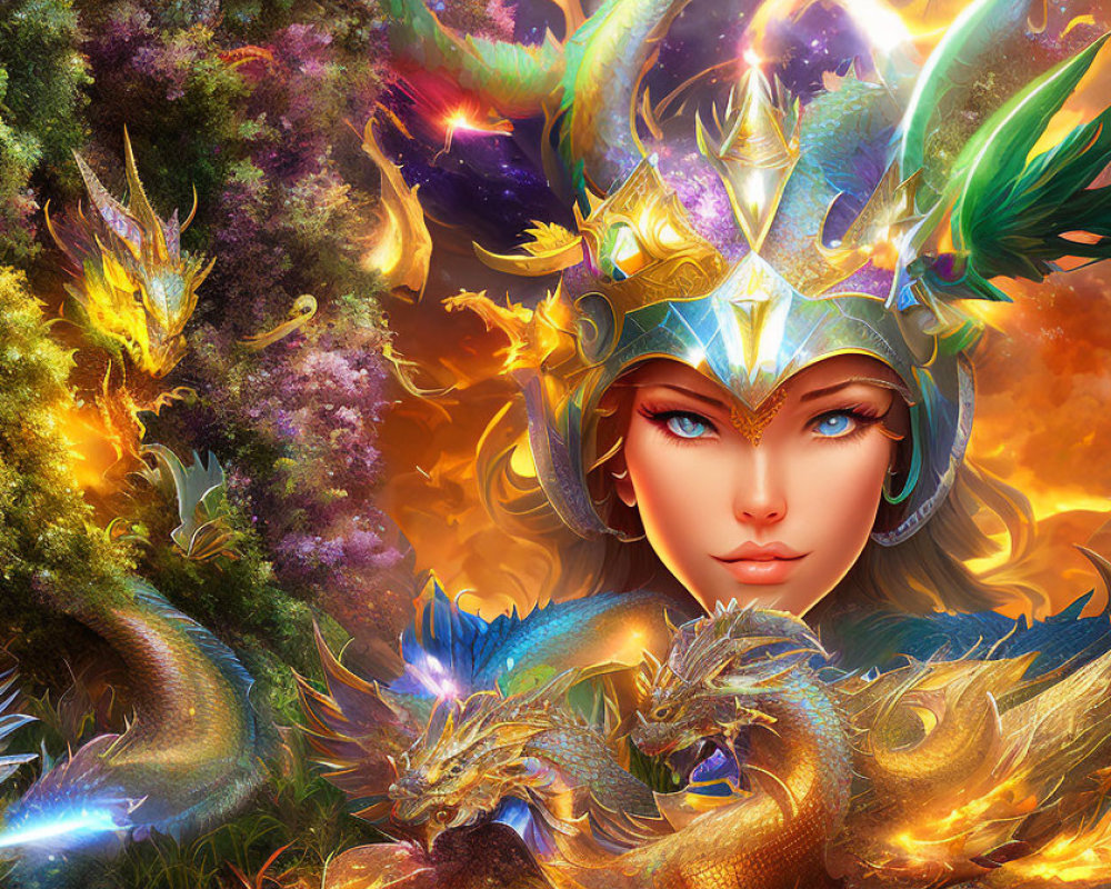 Fantasy illustration of woman with dragon helmet in cosmic setting