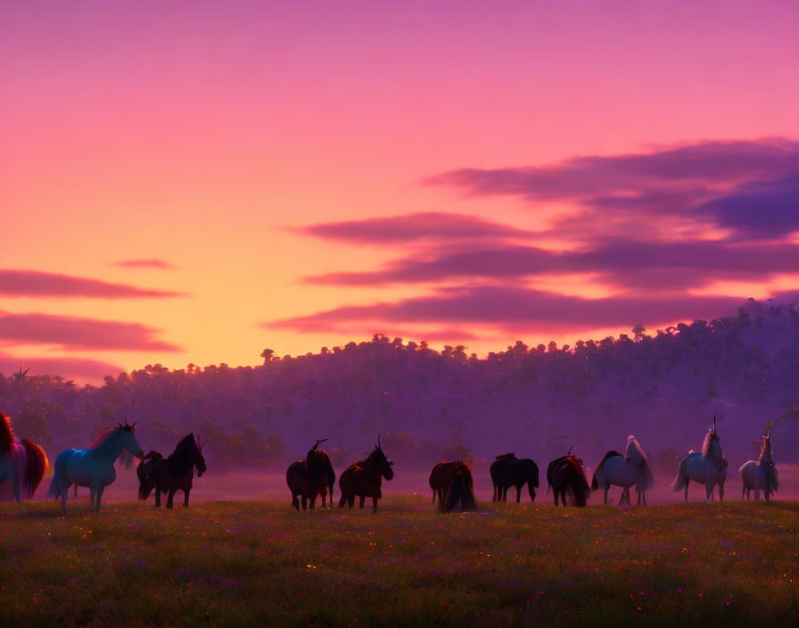 Colorful stylized horses grazing at sunrise in vibrant field scene