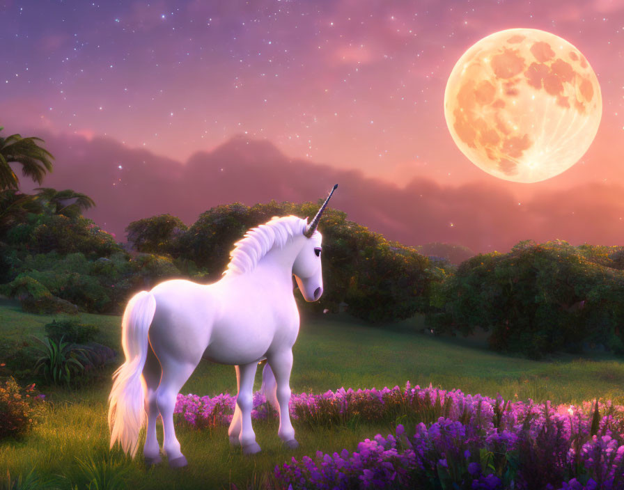 Majestic unicorn in vibrant meadow under starry sky