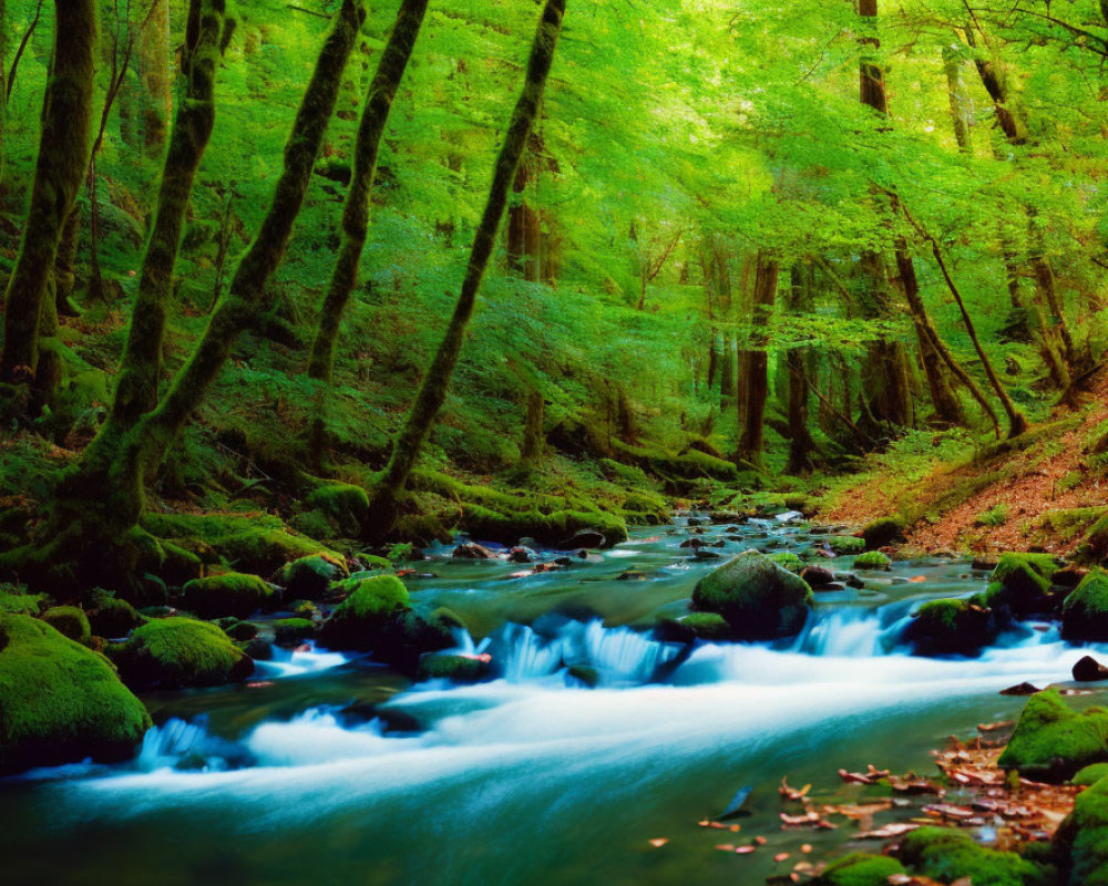 Tranquil Forest Stream with Moss-Covered Rocks and Lush Green Trees