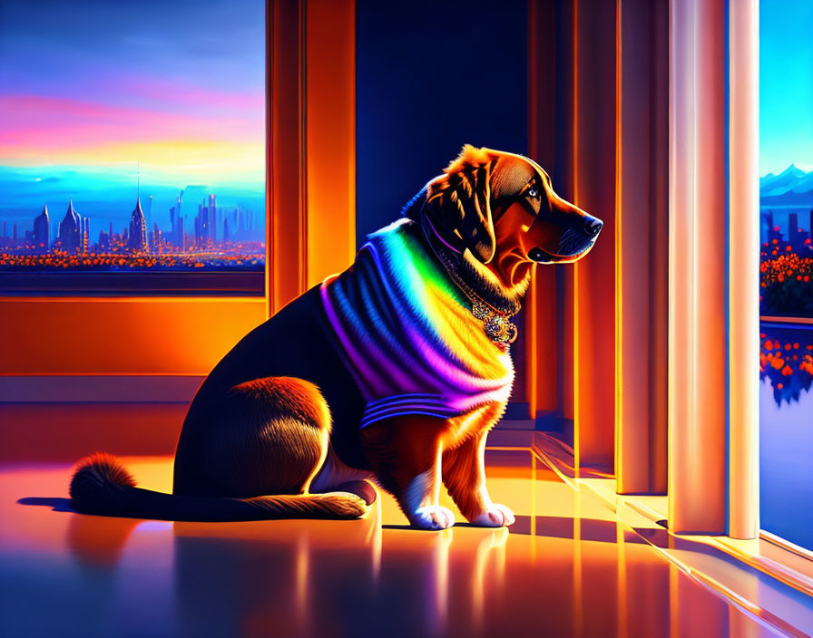 Colorful dog with striped scarf admires vibrant city sunset from window