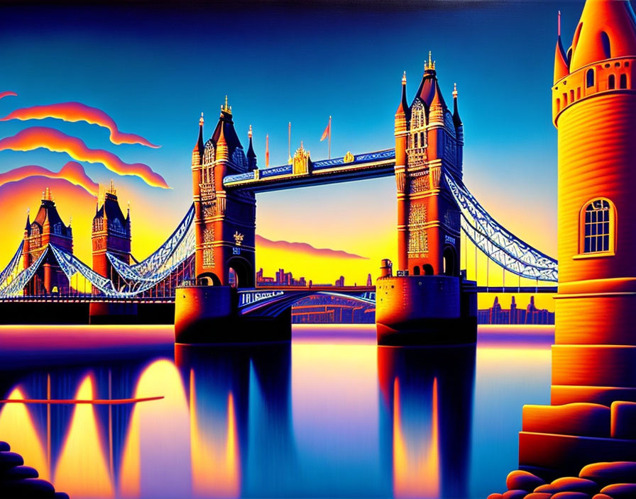 Colorful Illustration of London's Tower Bridge at Sunset