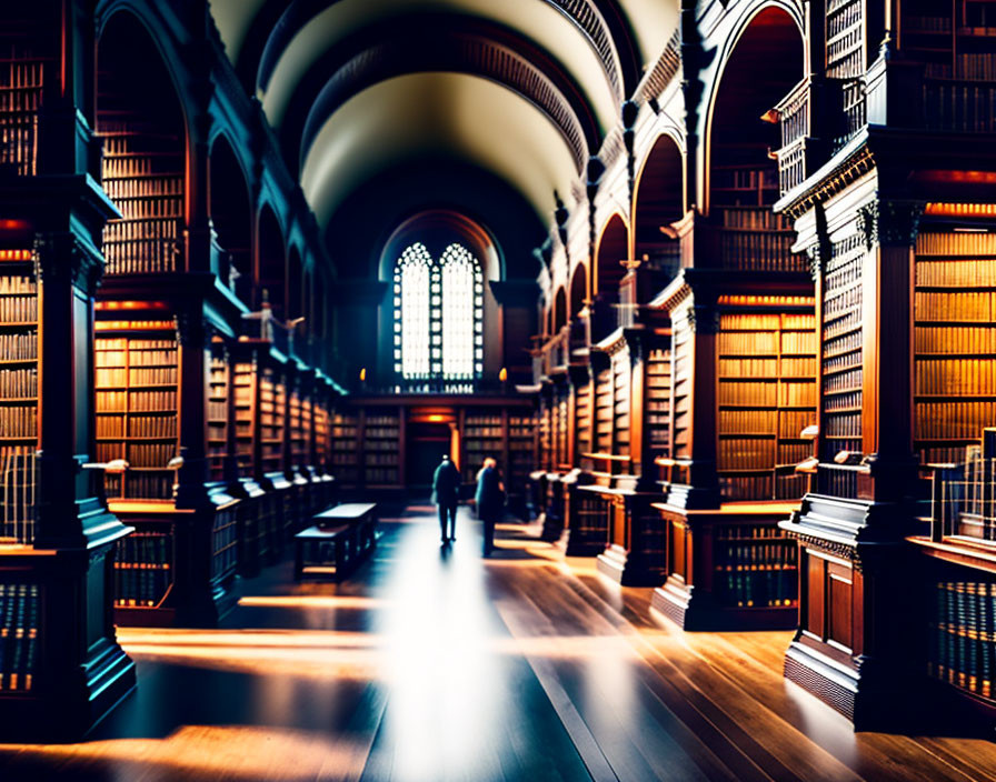 Spacious library with tall bookshelves and silhouetted figures in sunlight