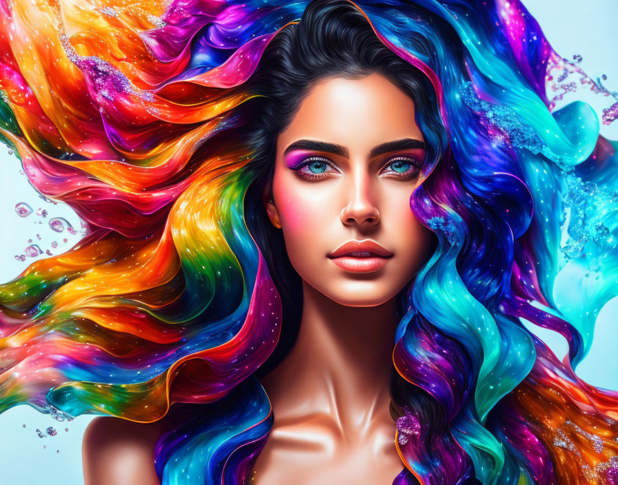 Vibrant digital artwork of a woman with multicolored hair & blue eyes