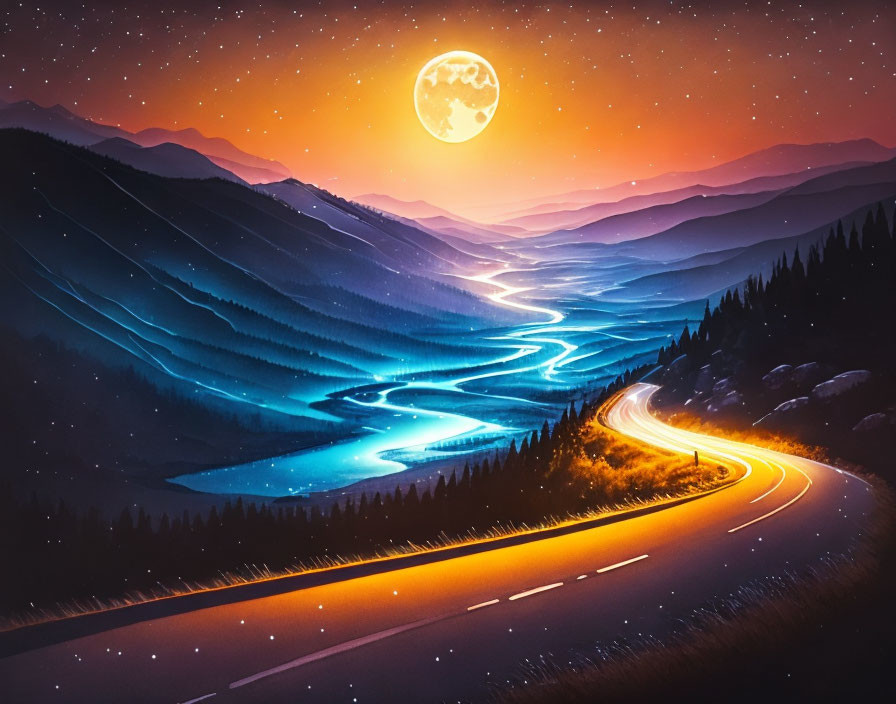 Scenic night landscape with winding road, hills, moon, and river