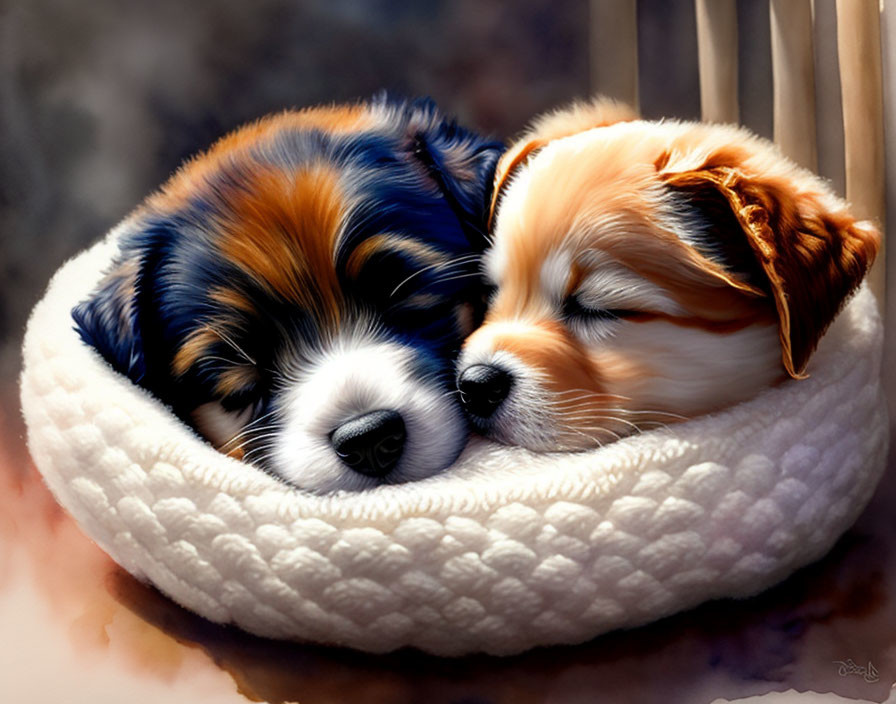 Two sleeping puppies in a cozy white bed on dimly lit background