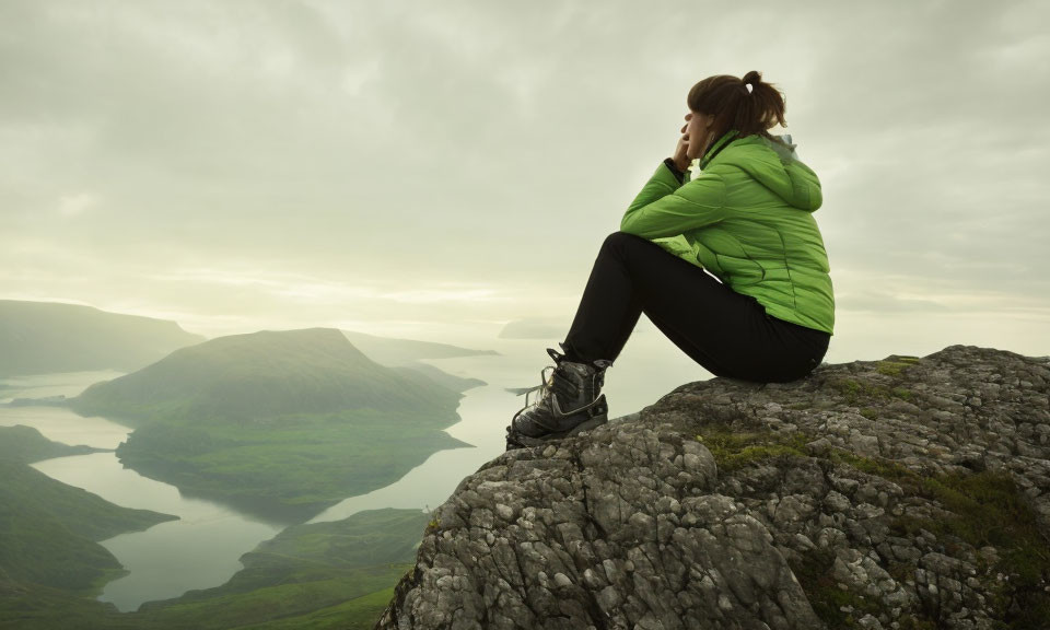 Person in Green Jacket Contemplating Lake View from Rocky Peak