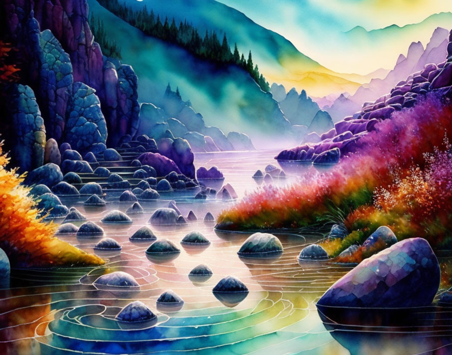 Colorful Watercolor Landscape: Tranquil River, Lush Vegetation, and Mountains