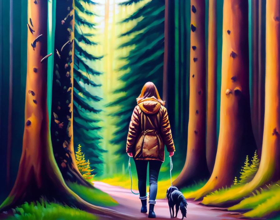 Person in Golden Jacket Walking Dog in Vibrant Forest