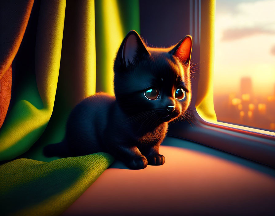 Digital illustration: Glossy black kitten with blue eyes by sunset window.