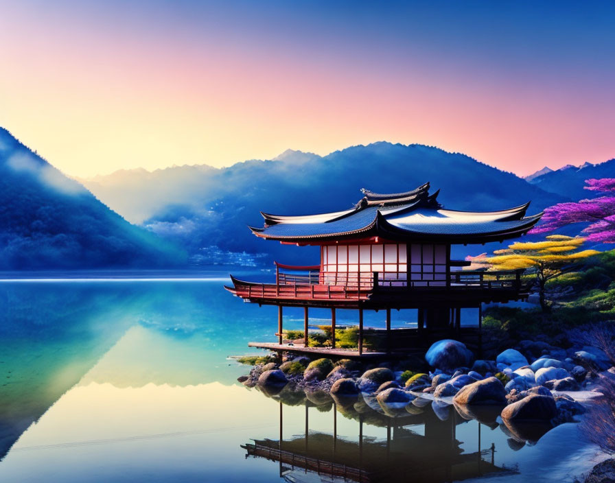 Tranquil lake scene with Asian-style building and colorful trees