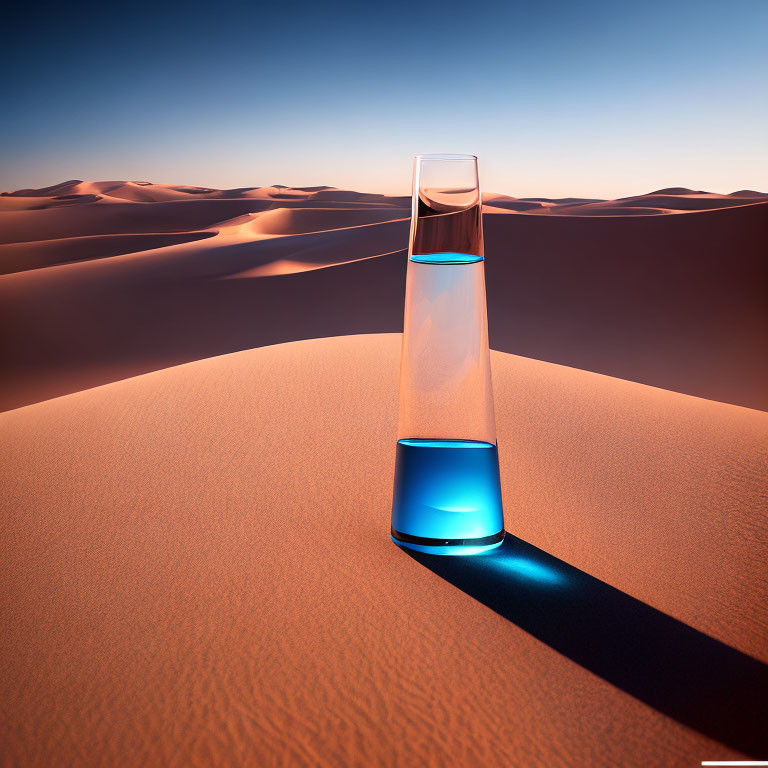 Transparent glass with blue liquid on sandy dunes under clear sky