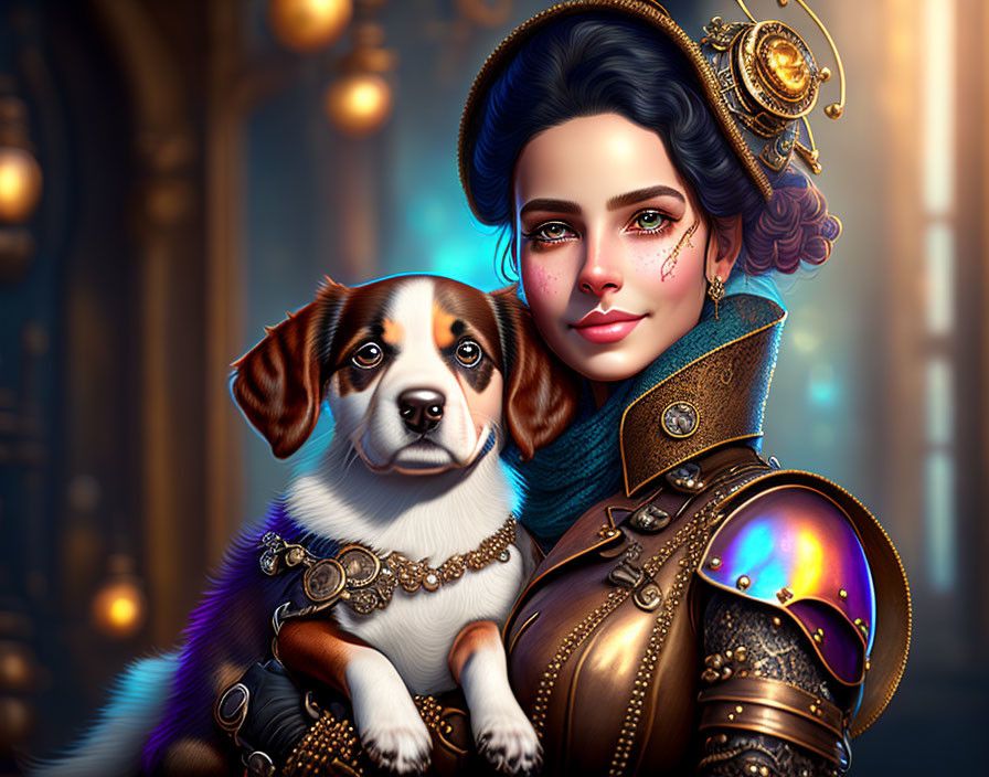 Steampunk-themed digital art of woman with dog in ornate setting