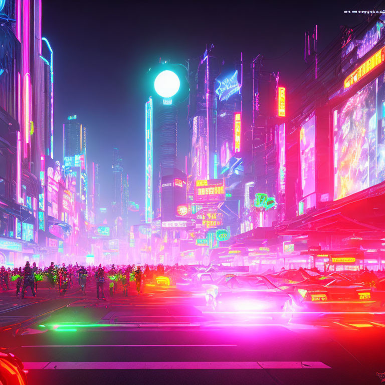 Futuristic neon-lit cityscape with flying cars and crowds