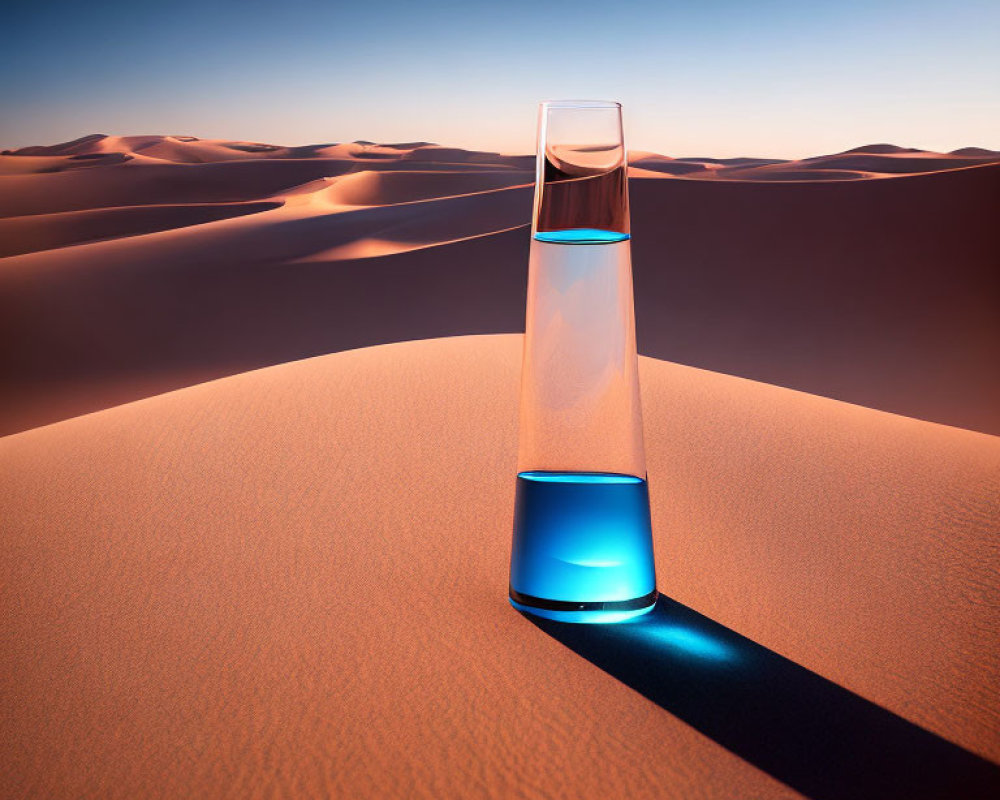 Transparent glass with blue liquid on sandy dunes under clear sky