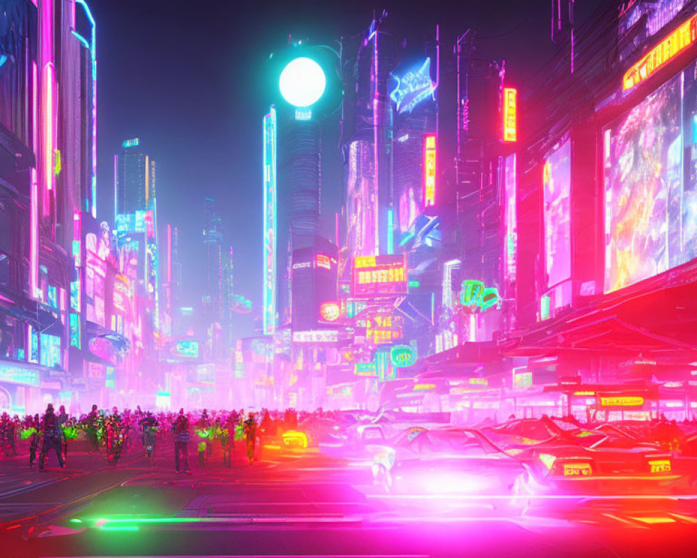 Futuristic neon-lit cityscape with flying cars and crowds