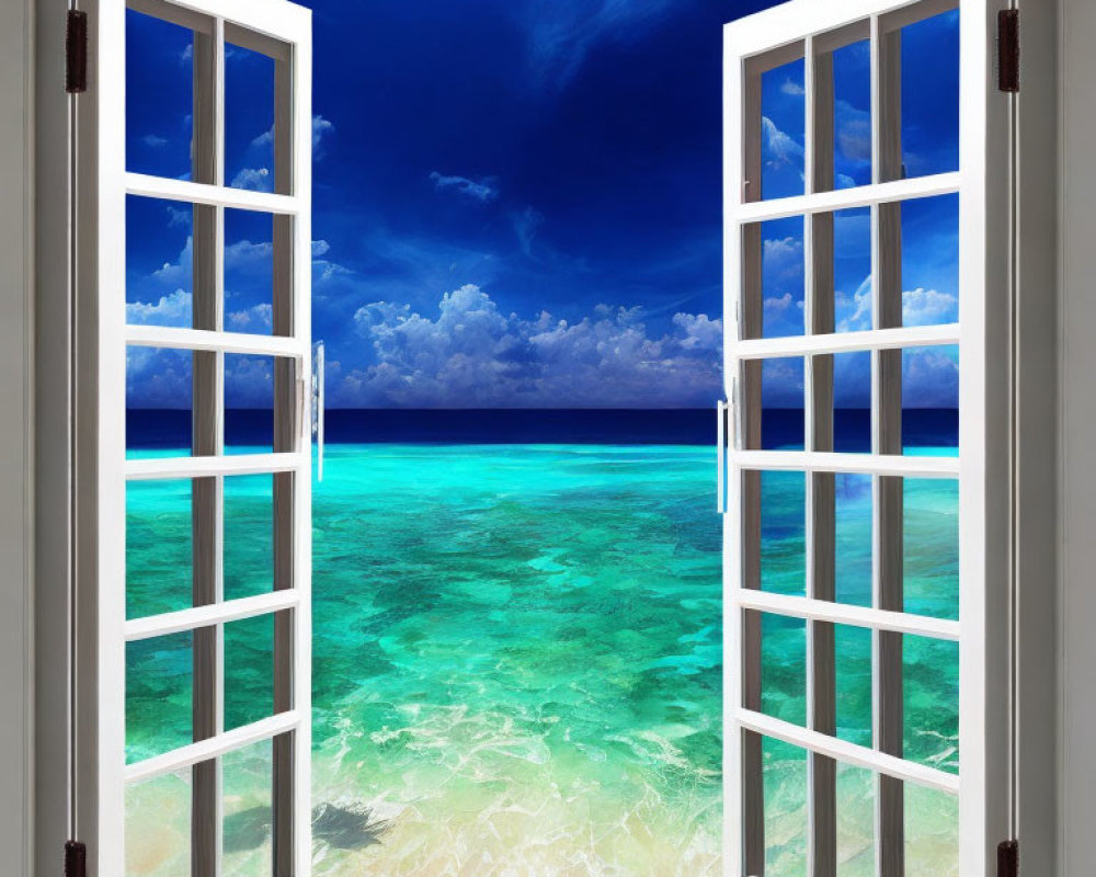 Bright beachfront view through open white double doors