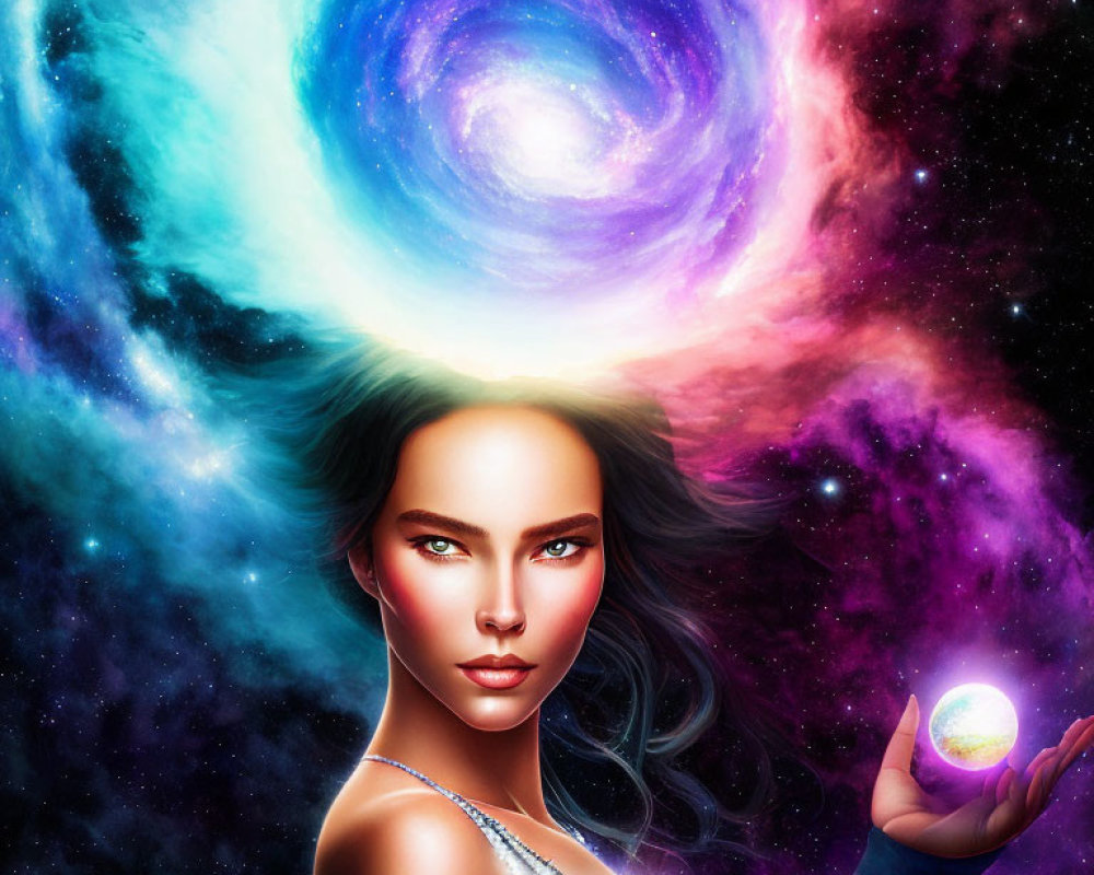 Cosmic woman with glowing orb in vibrant galaxy scene