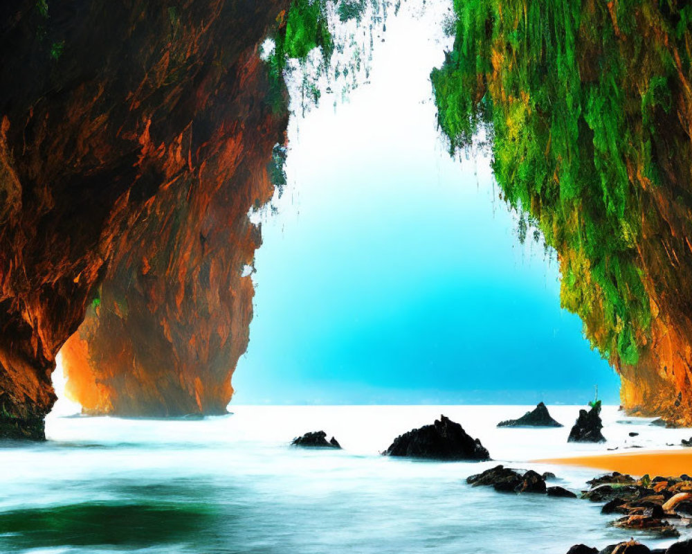 Scenic coastal sea cave with hanging green vegetation and bright blue sea view.