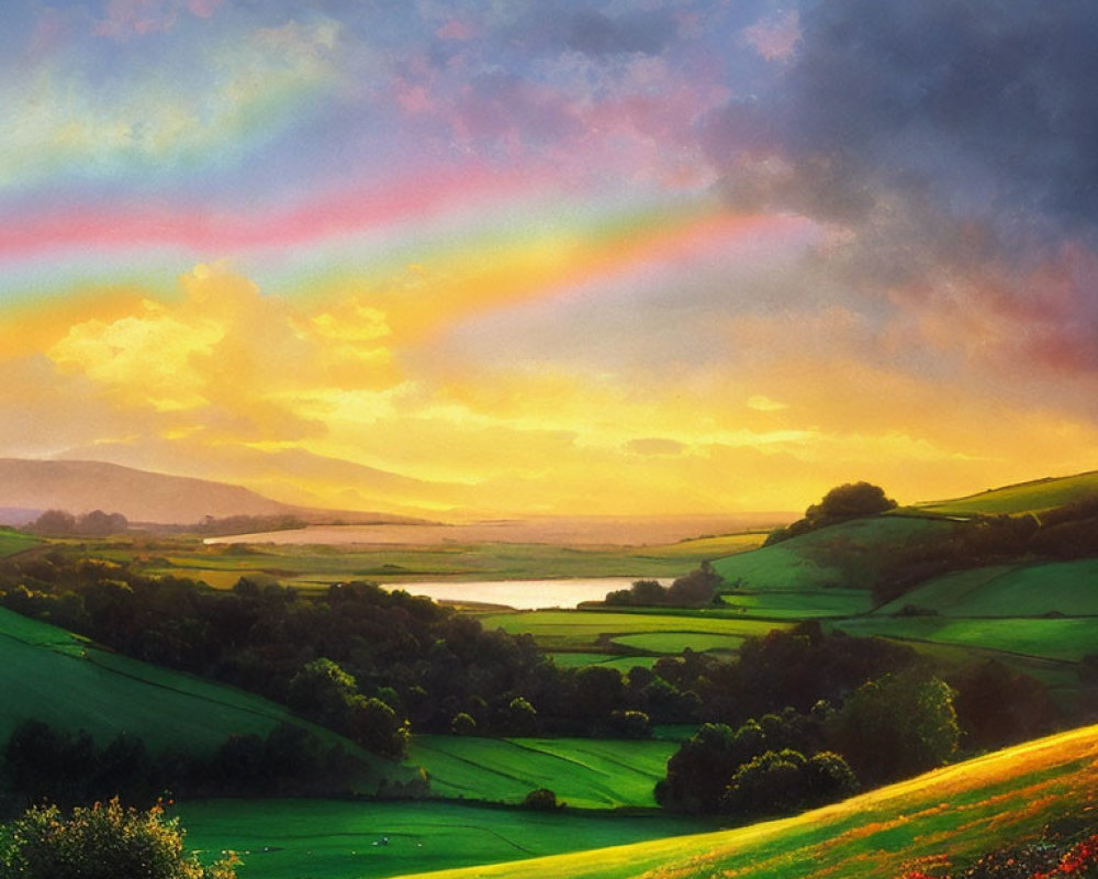 Scenic landscape painting with green hills, lake, wildflowers, and rainbow