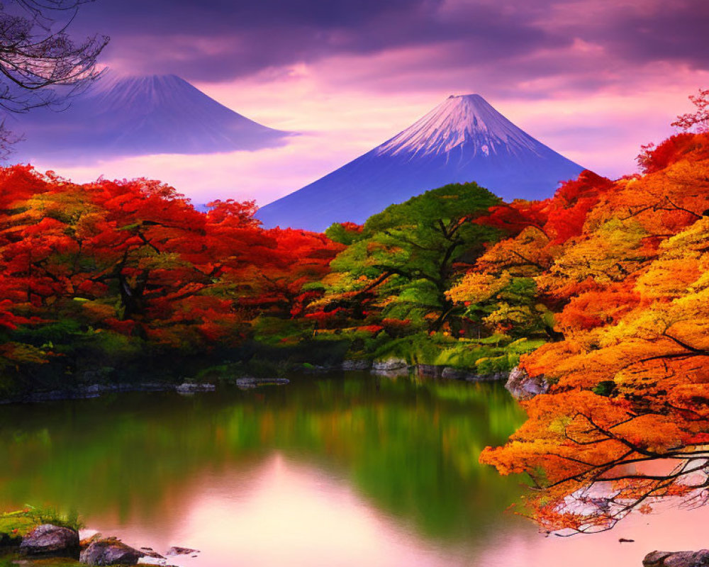 Tranquil autumn landscape with Mount Fuji, red and orange foliage, and serene pond