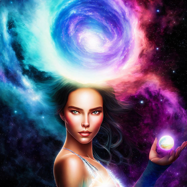 Cosmic woman with glowing orb in vibrant galaxy scene