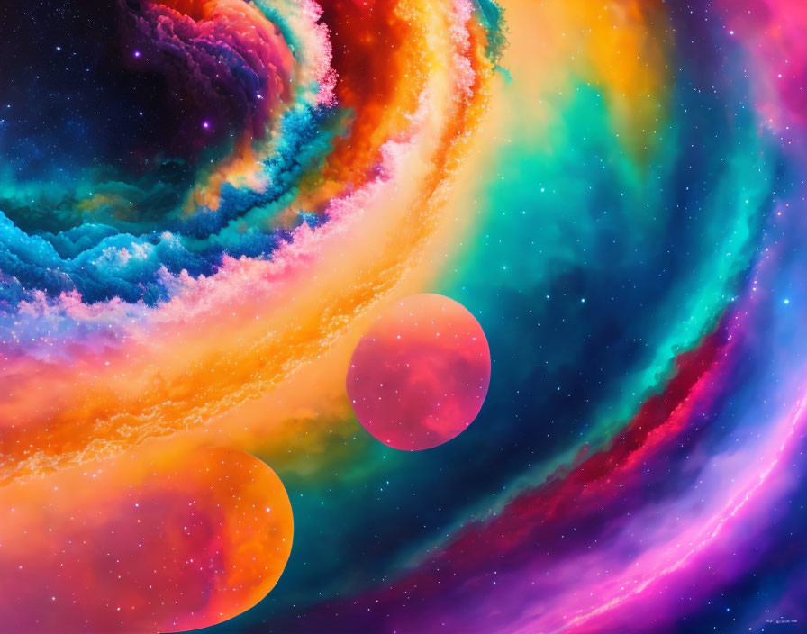 Colorful cosmic digital artwork with swirling nebulas and alien planet orbs