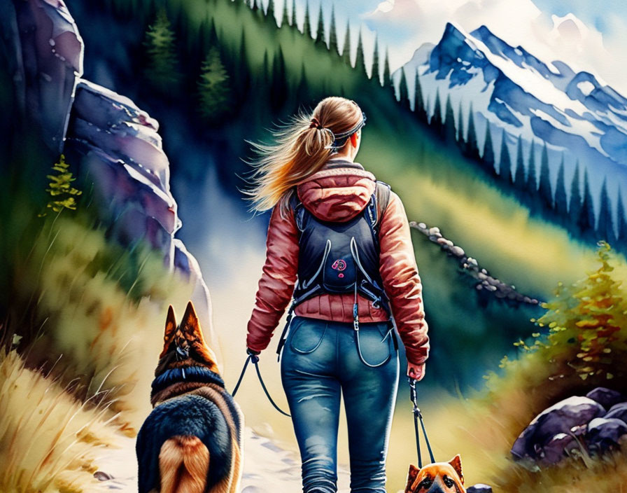 Woman hiking with two dogs on mountain trail surrounded by lush greenery and snowy peaks