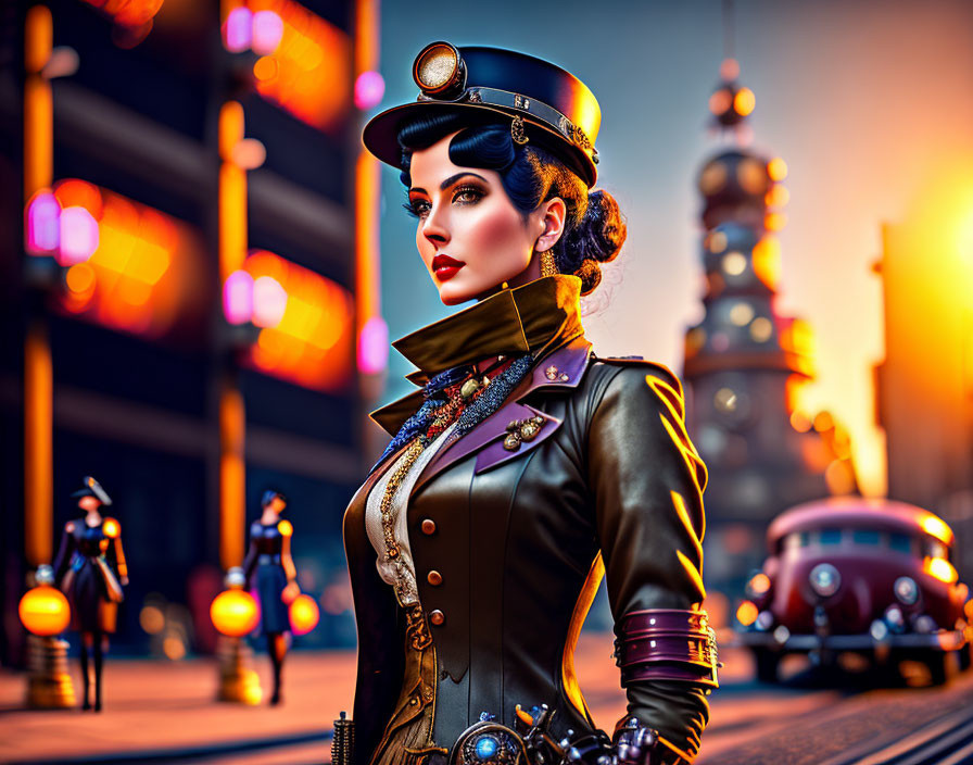 Detailed Steampunk Outfit Woman in City Sunset Scene