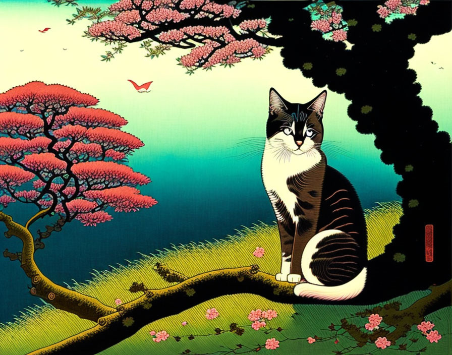 Stylized cat sitting on branch under pink cherry blossoms