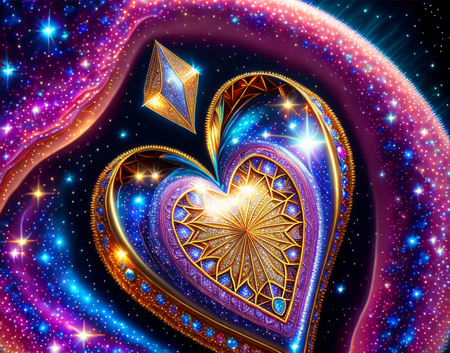 Colorful digital artwork: Heart-shaped cosmic portal in golden patterns amid swirling galaxy