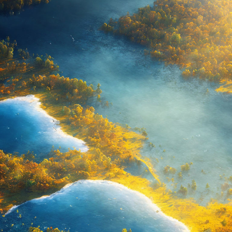 Aerial View of Misty Autumn Forest with Winding River