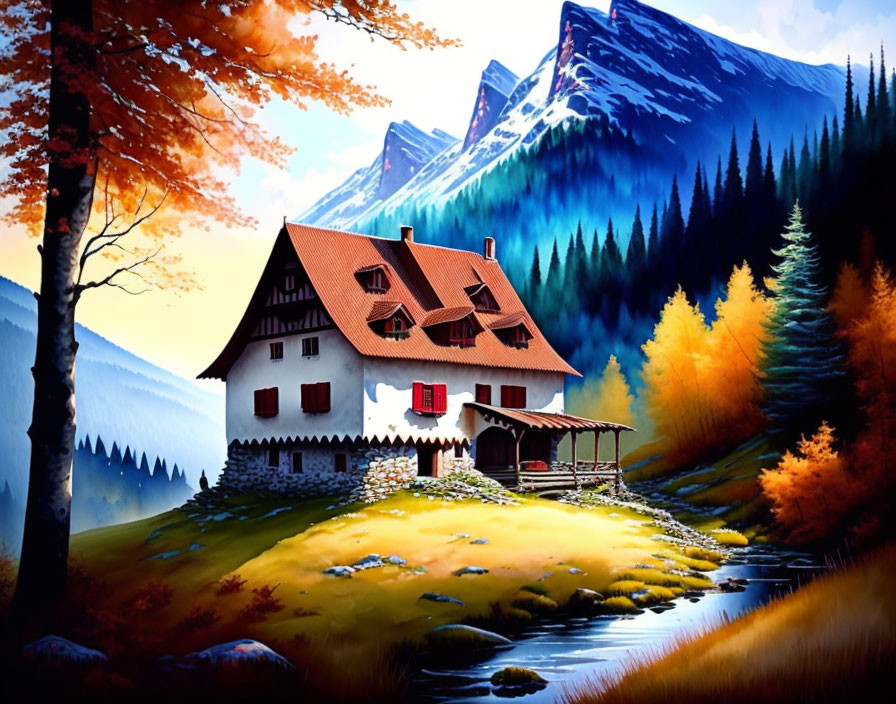 Serene mountain landscape with Alpine house and autumn trees