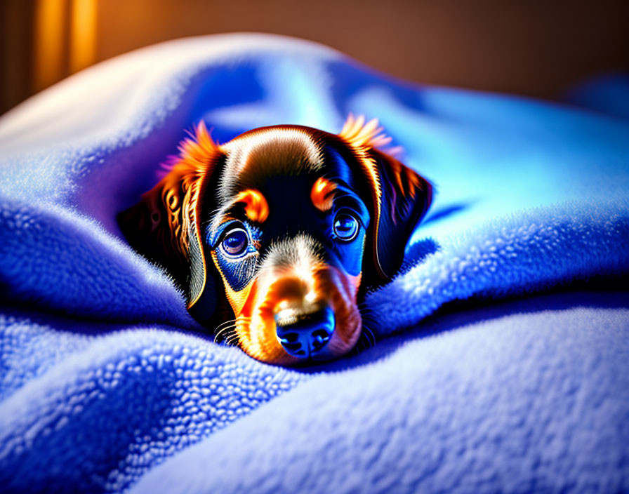 Shiny black fur puppy in blue blanket under warm lighting