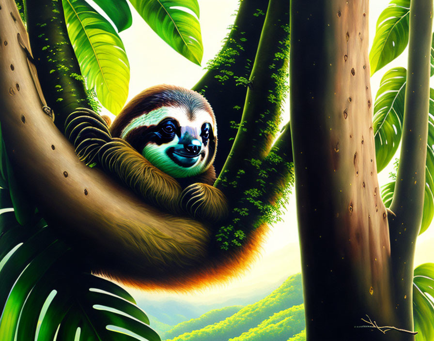 Colorful Smiling Sloth Hanging in Lush Greenery