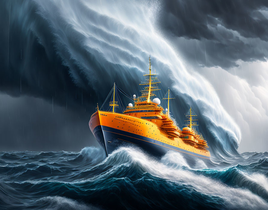 Stormy Seas: Orange Ship Battling Towering Waves