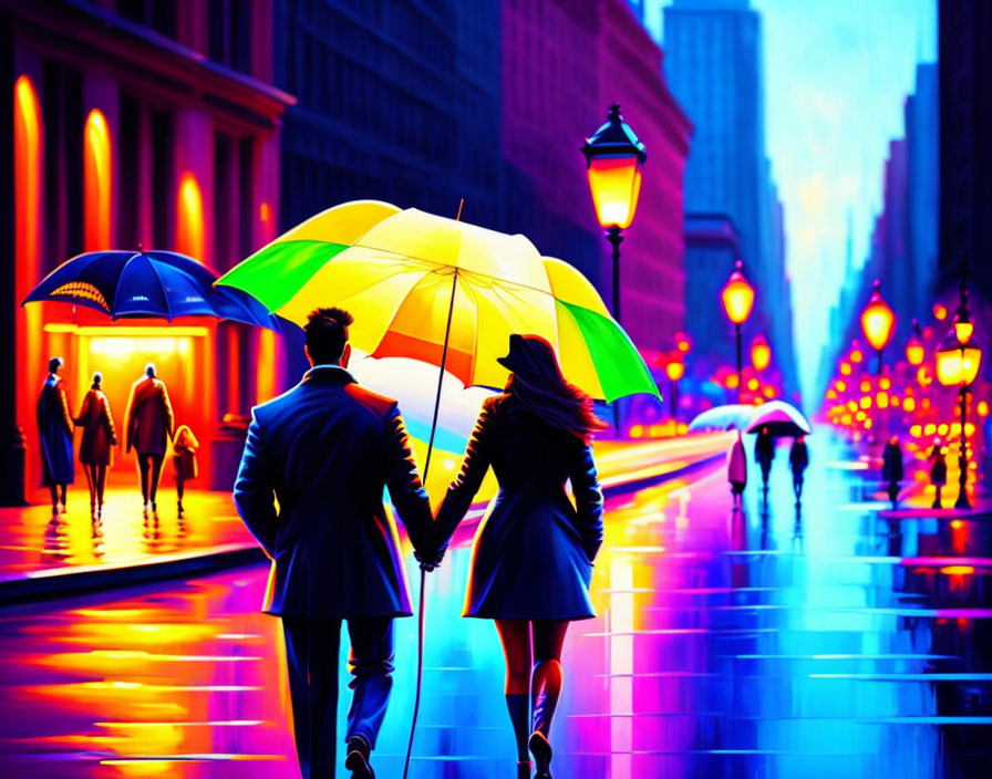 Colorful Umbrellas: Couple Walking in Rainy City Street