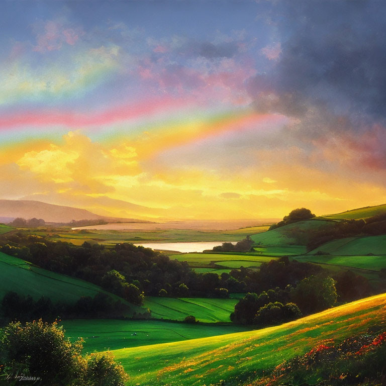 Scenic landscape painting with green hills, lake, wildflowers, and rainbow